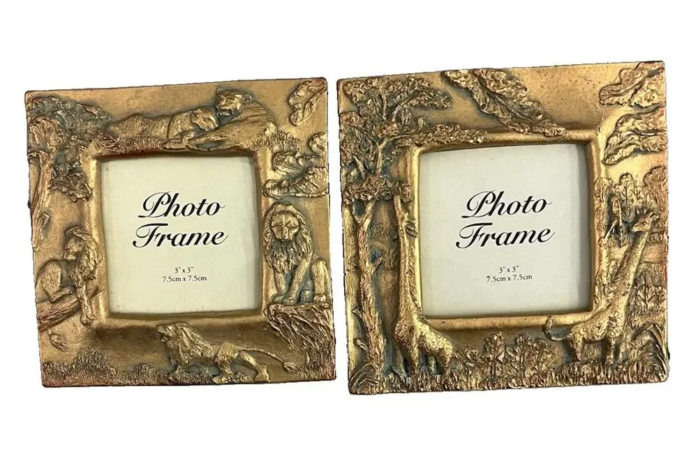 Pair gold monkey Giraffe jungle square picture photo frame 5.5” Nature Zoo